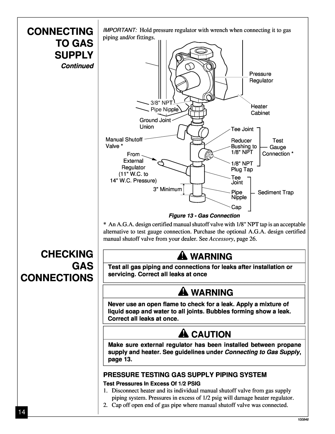 Desa CGP11A installation manual Checking, Connections, Connecting, To Gas, Supply, Continued, piping and/or fittings 