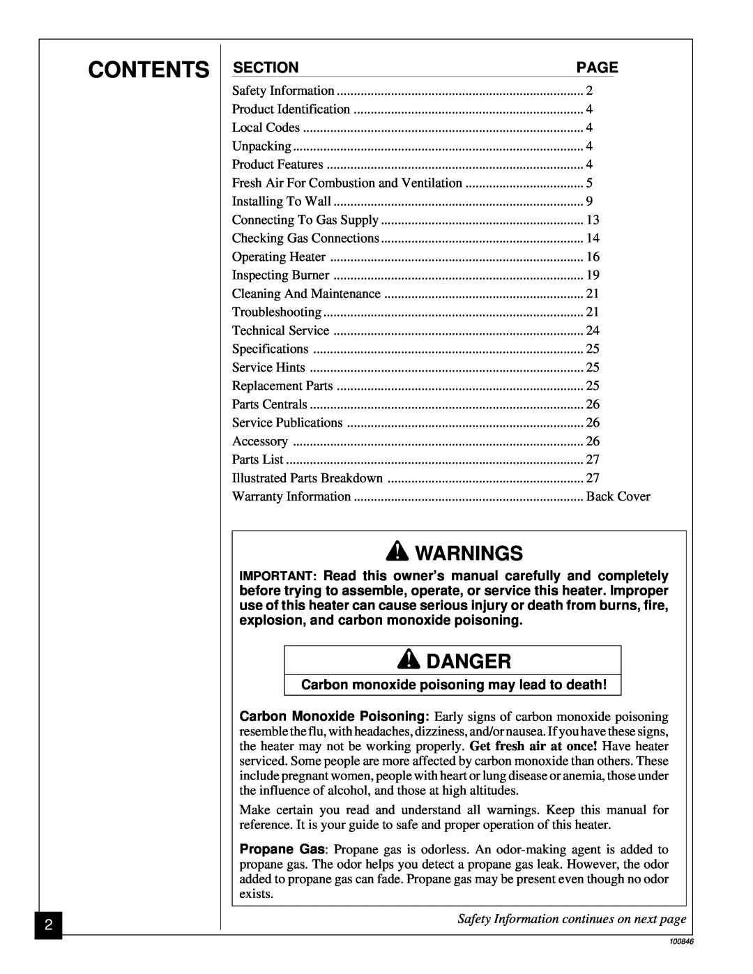 Desa CGP11A installation manual Contents, Warnings, Danger, Safety Information continues on next page 