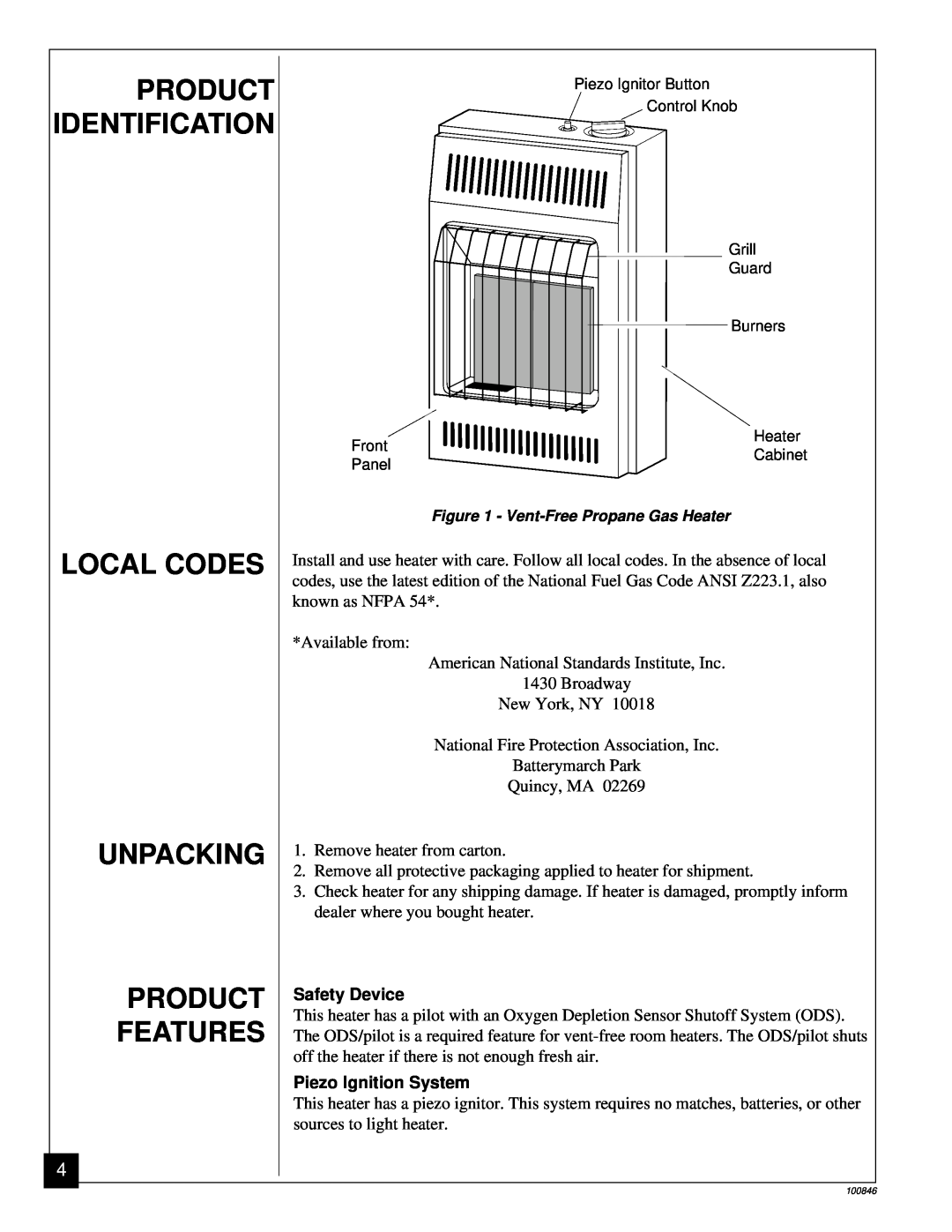 Desa CGP11A installation manual Product, Local Codes, Unpacking, Identification, Features 