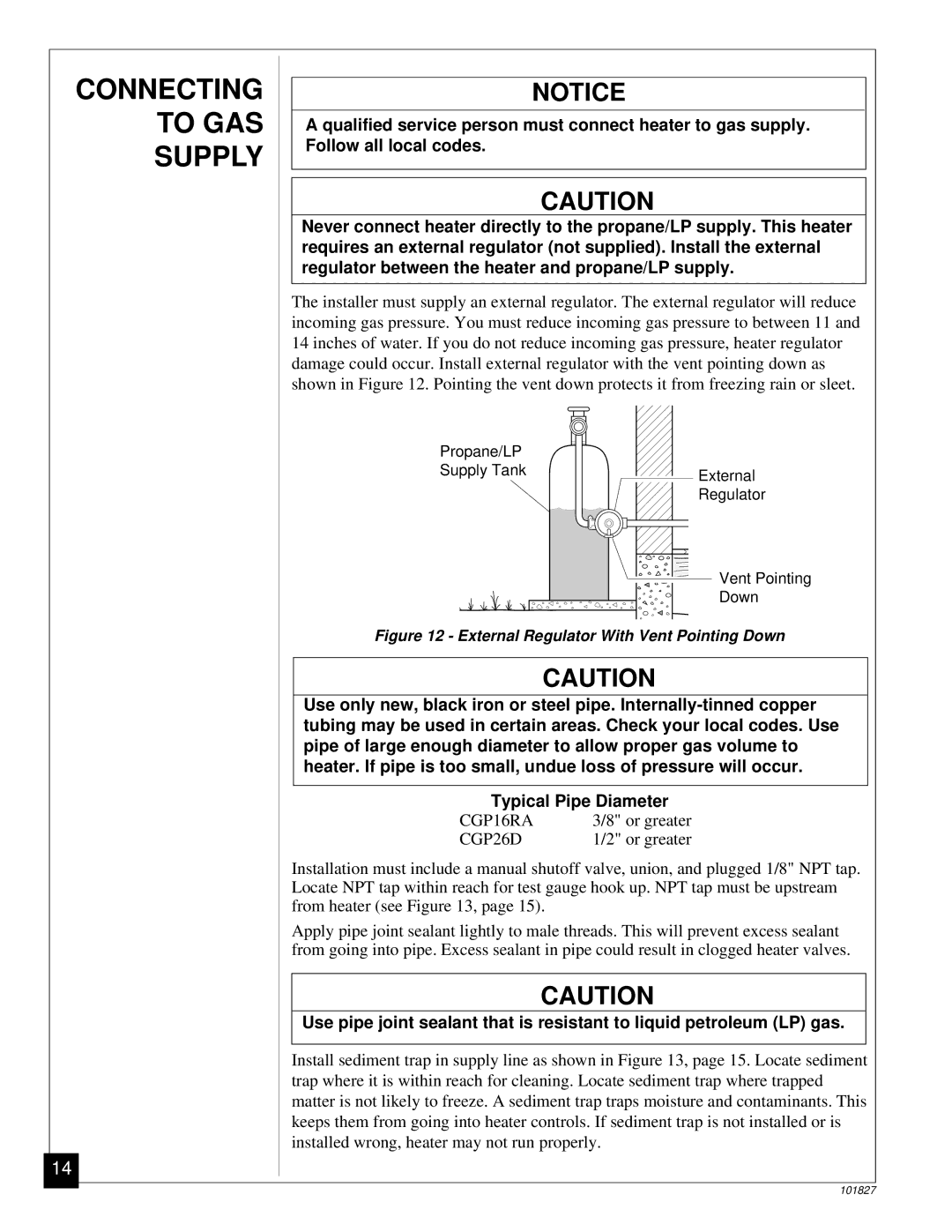 Desa CGP16RA, CGP26D Connecting To GAS, Supply, Qualified service person must connect heater to gas supply 