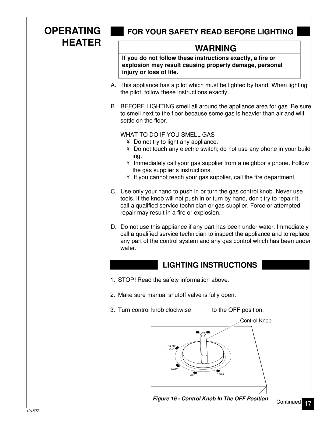 Desa CGP26D, CGP16RA installation manual Operating, Heater 