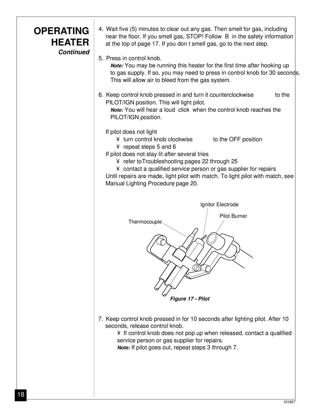 Desa CGP16RA, CGP26D installation manual Operating Heater, Pilot 