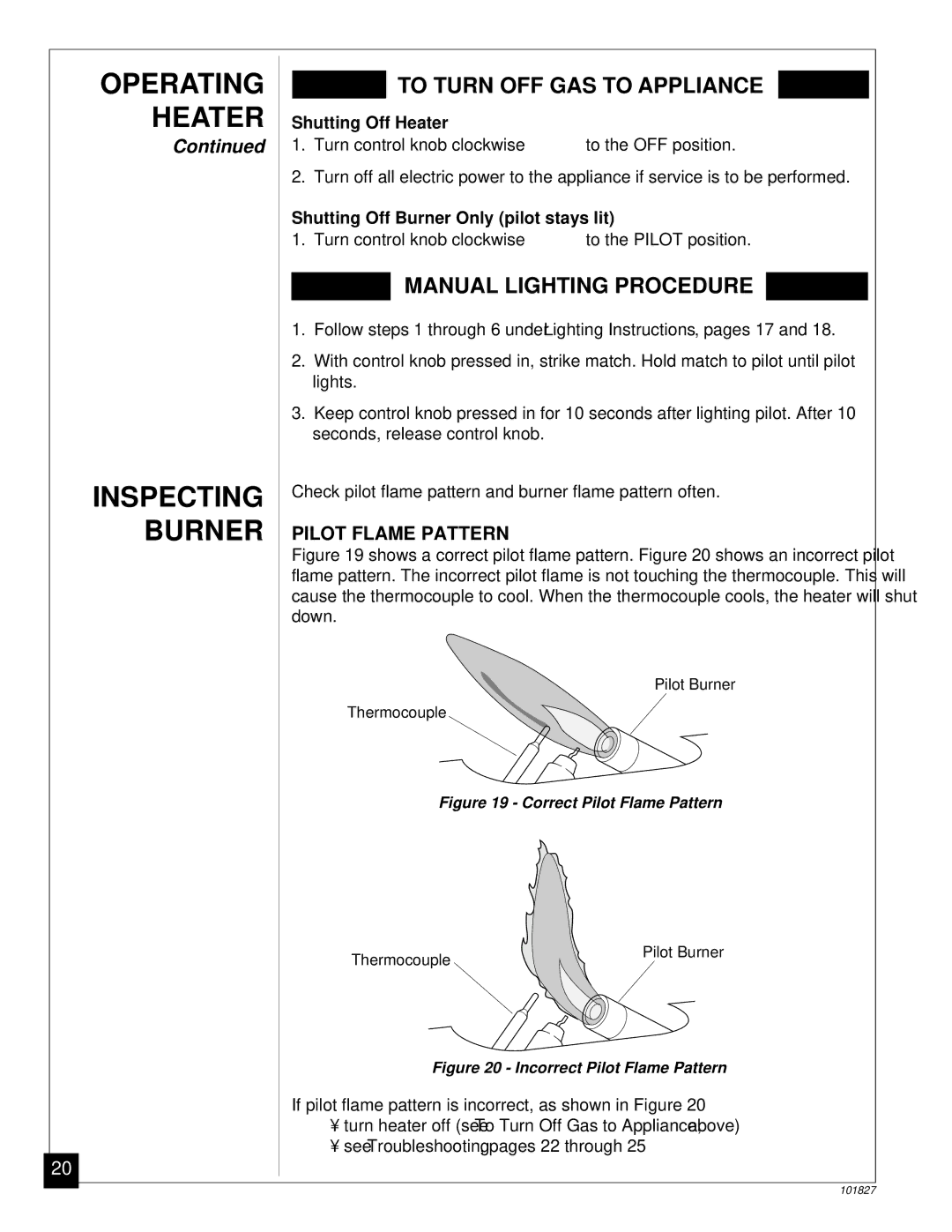 Desa CGP16RA, CGP26D installation manual Operating Heater Inspecting Burner, Pilot Flame Pattern, Shutting Off Heater 