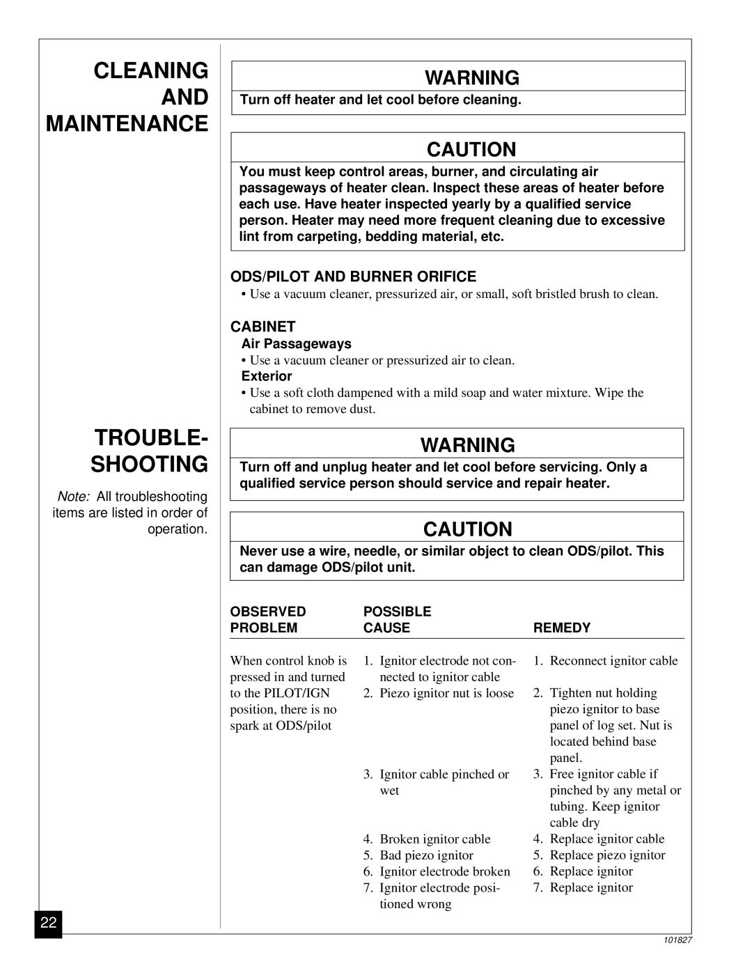 Desa CGP16RA, CGP26D installation manual Cleaning, Maintenance, Trouble Shooting, ODS/PILOT and Burner Orifice, Cabinet 