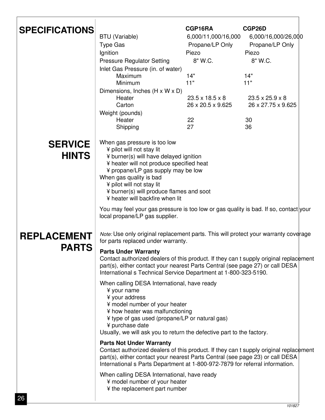 Desa CGP16RA, CGP26D installation manual Hints, Replacement Parts, Parts Under Warranty, Parts Not Under Warranty 