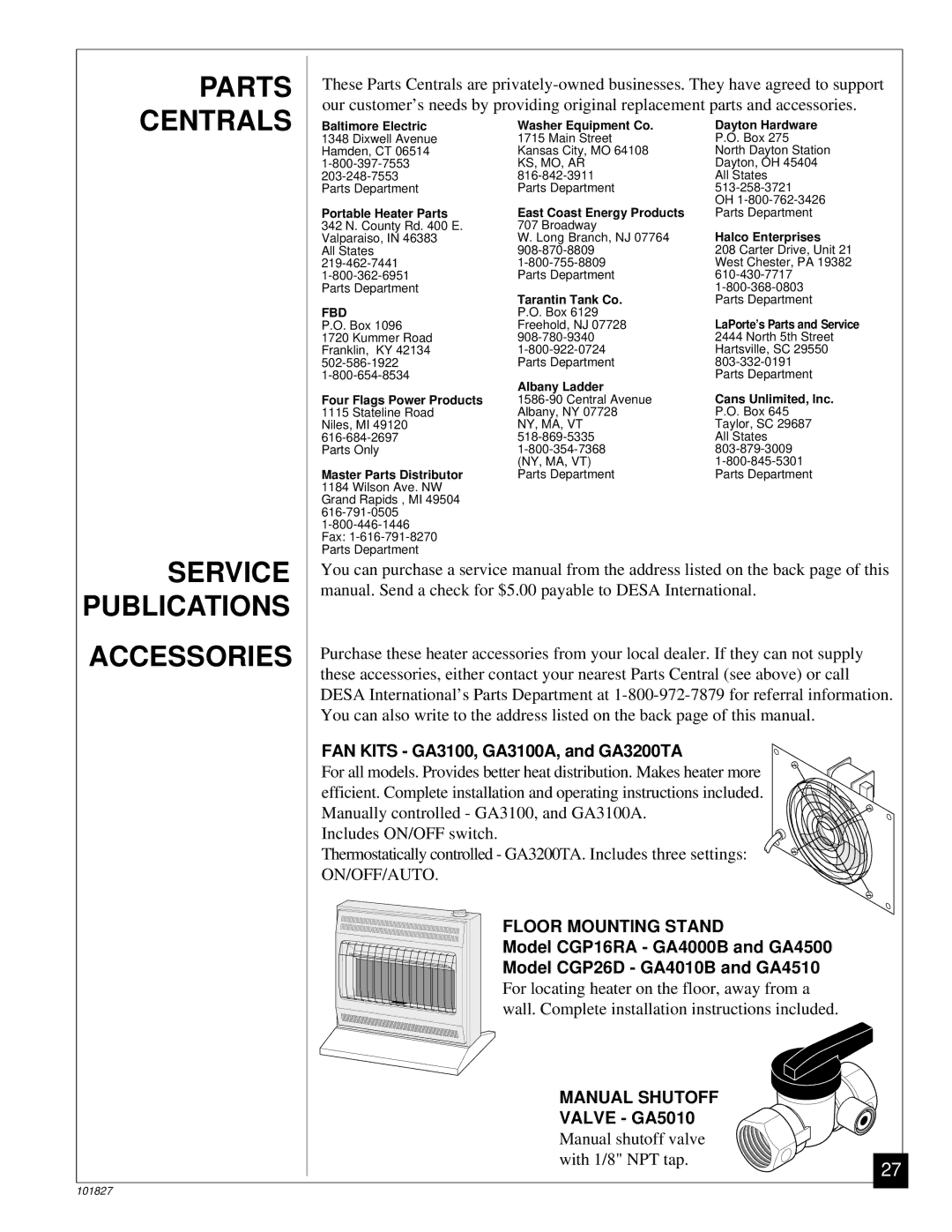 Desa CGP26D, CGP16RA Centrals, Publications, Accessories, FAN Kits GA3100, GA3100A, and GA3200TA, Valve GA5010 