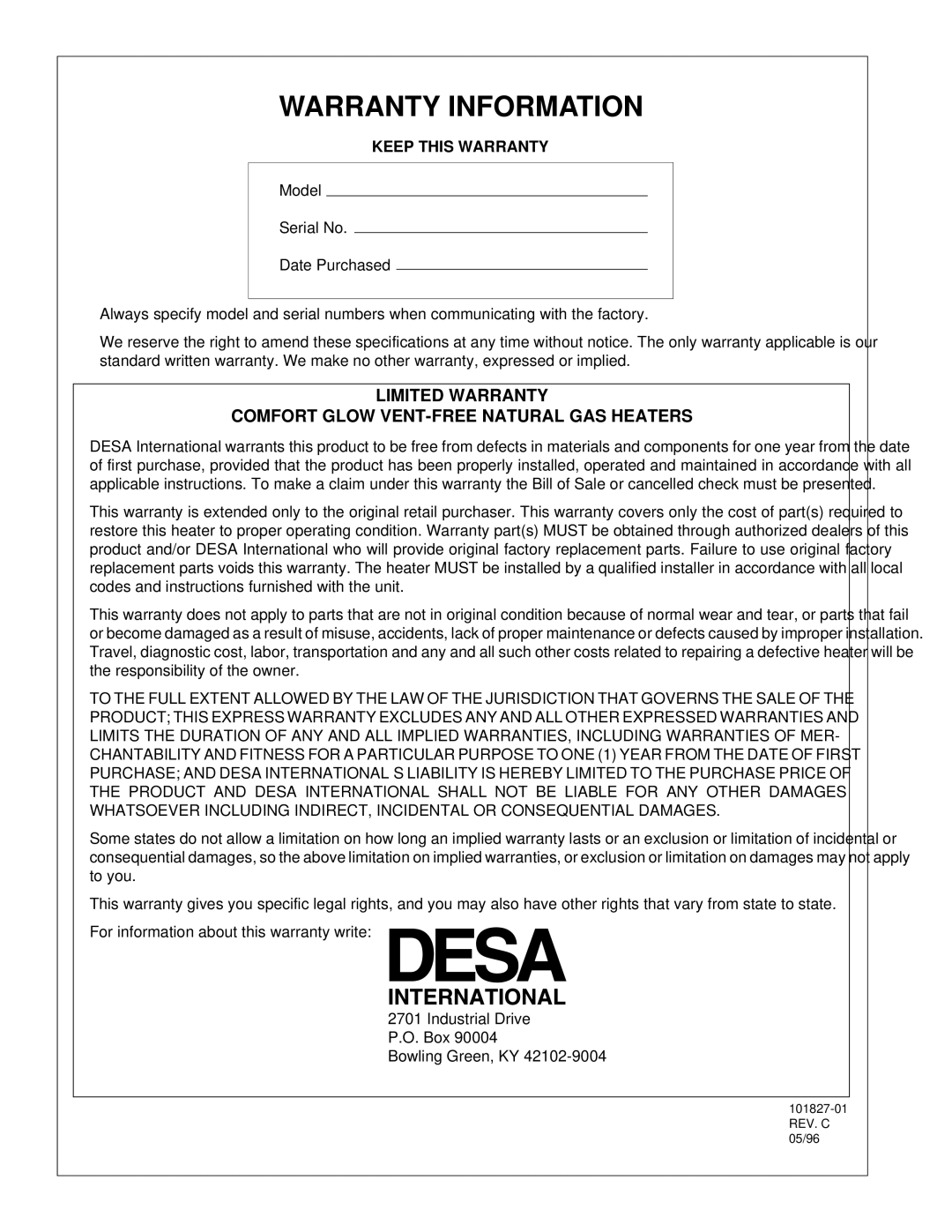 Desa CGP16RA, CGP26D installation manual Warranty Information, Keep this Warranty 