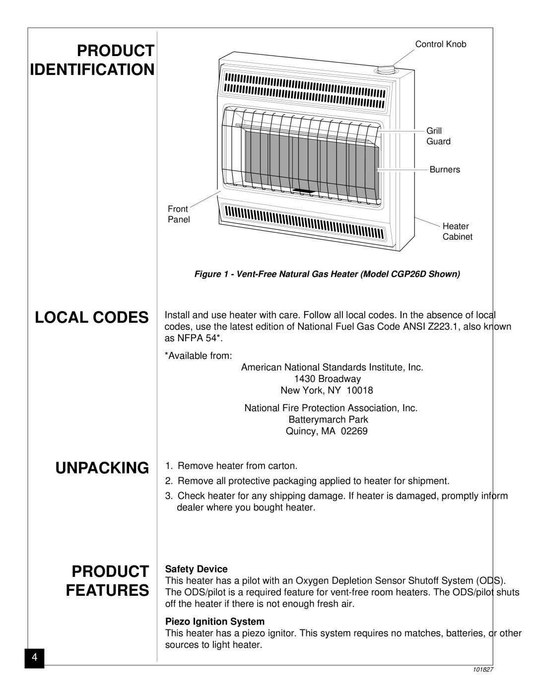 Desa CGP16RA, CGP26D installation manual Product, Local Codes, Unpacking, Safety Device, Piezo Ignition System 