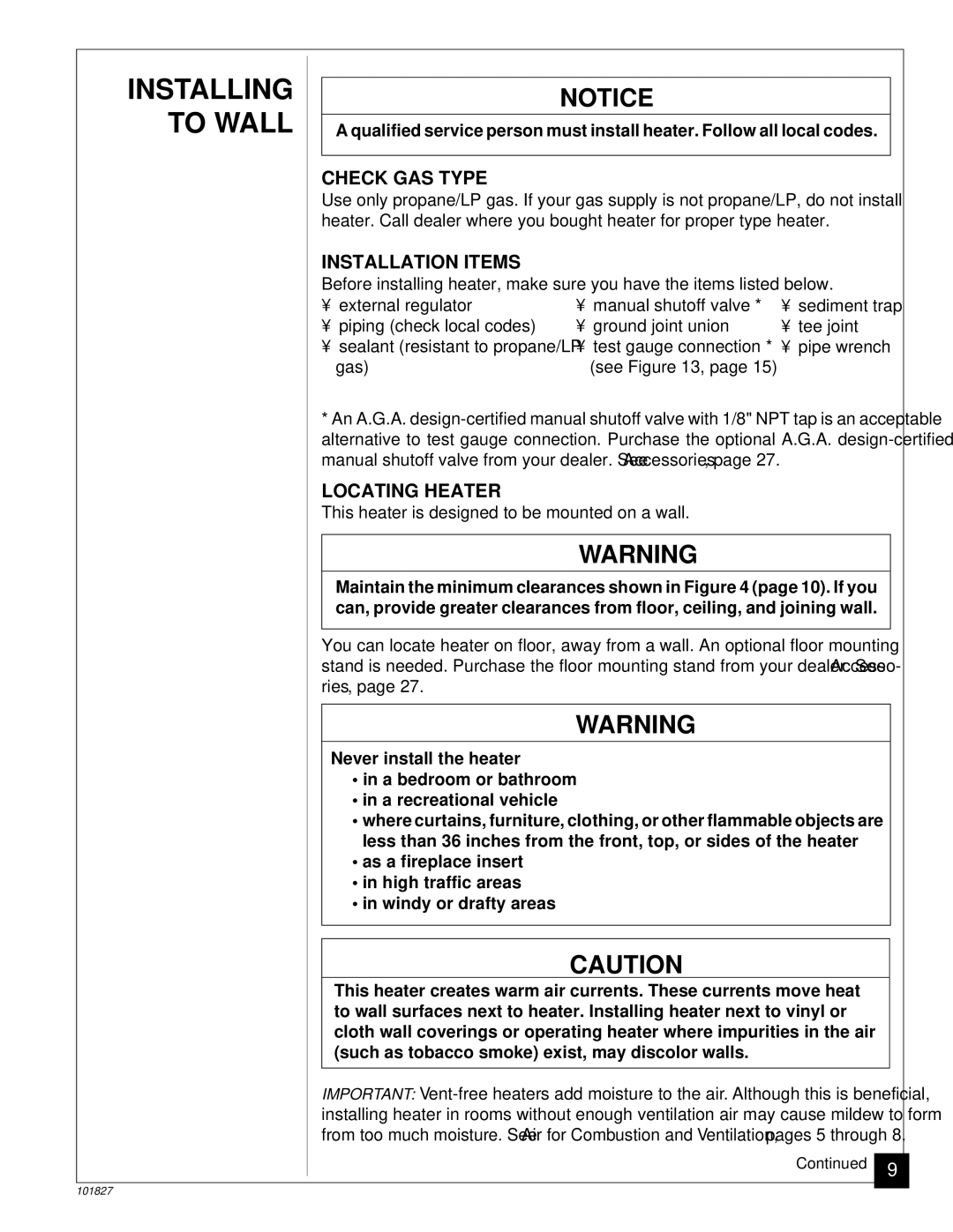 Desa CGP26D, CGP16RA installation manual Installing To Wall, Check GAS Type, Installation Items, Locating Heater 