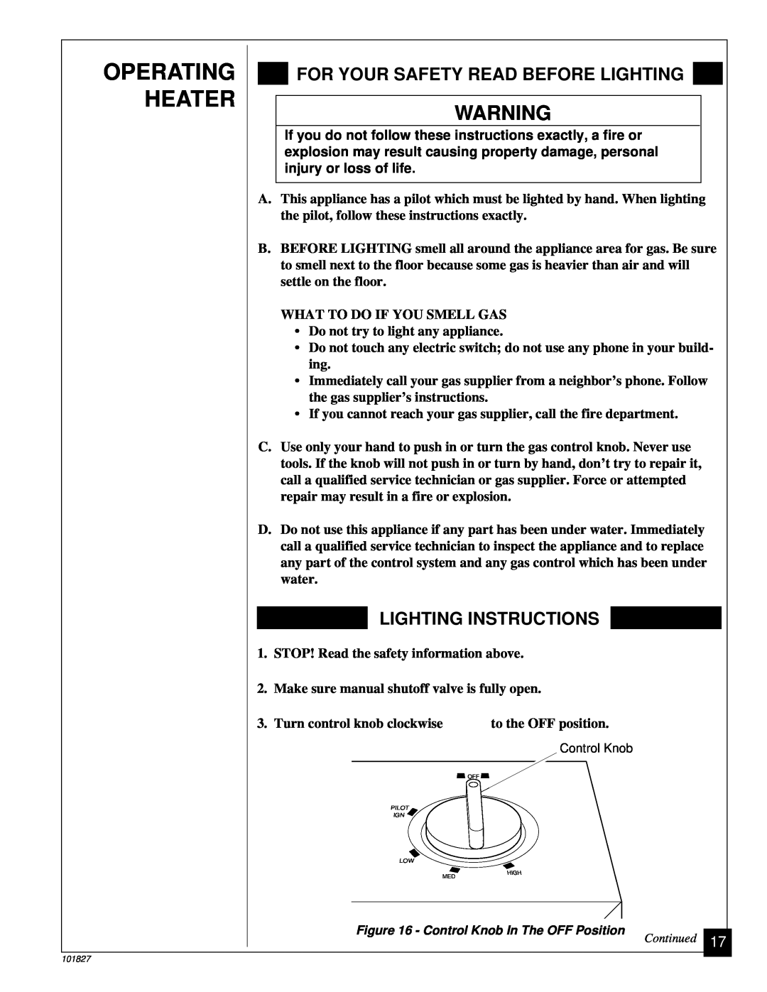 Desa CGP26D, CGP16RA installation manual Operating, Heater, For Your Safety Read Before Lighting, Lighting Instructions 