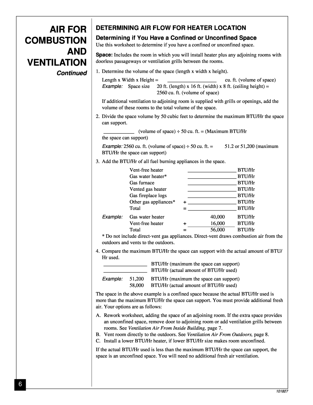 Desa CGP16RA, CGP26D Air For Combustion And Ventilation, Continued, Determining Air Flow For Heater Location 