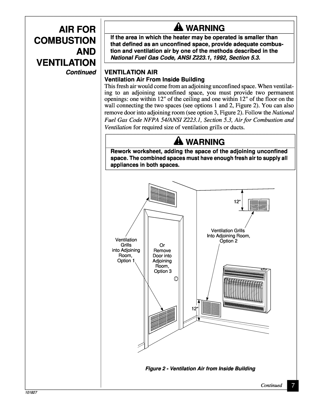 Desa CGP26D, CGP16RA installation manual Air For Combustion And Ventilation, Continued, Ventilation Air 