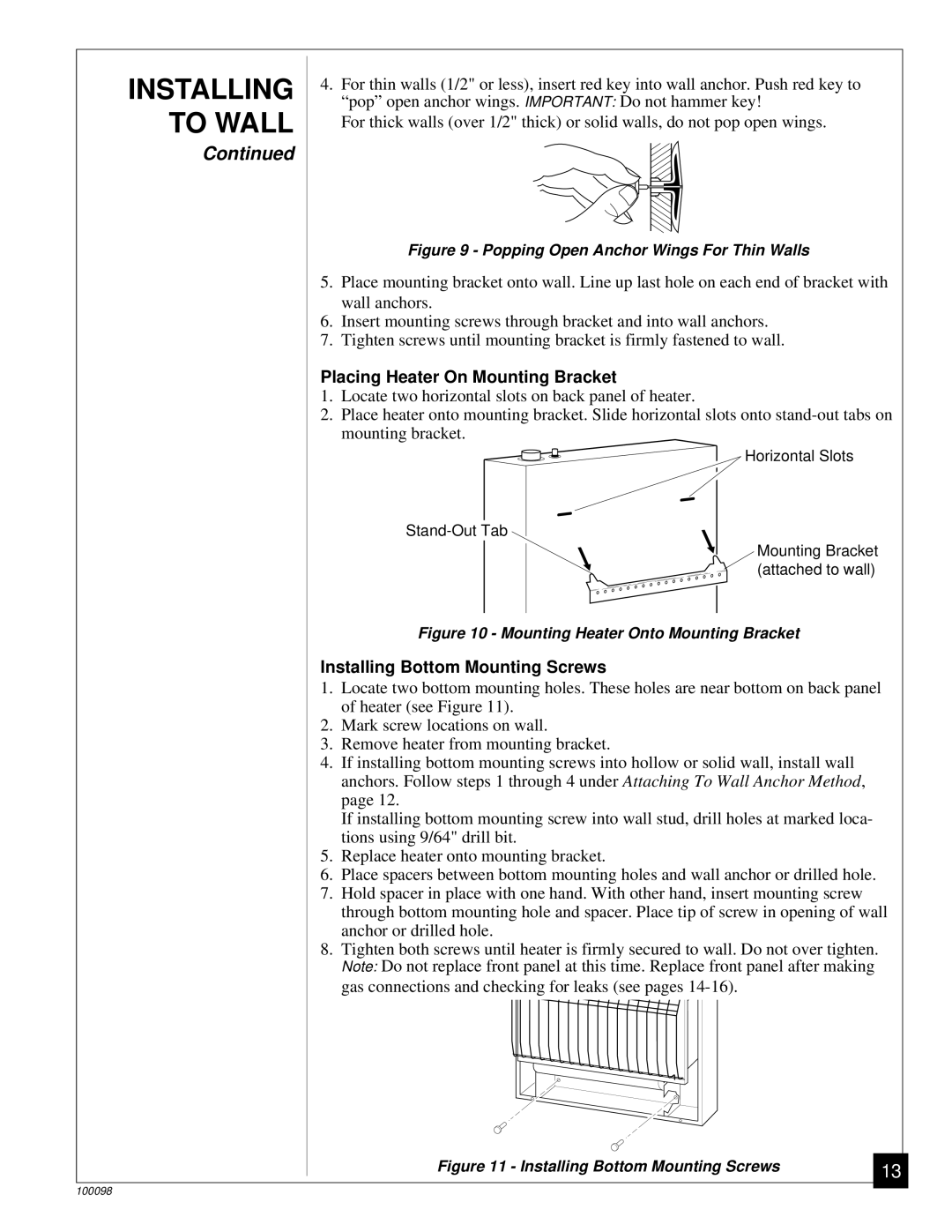 Desa RP30B, CGP18B installation manual Placing Heater On Mounting Bracket, Installing Bottom Mounting Screws 