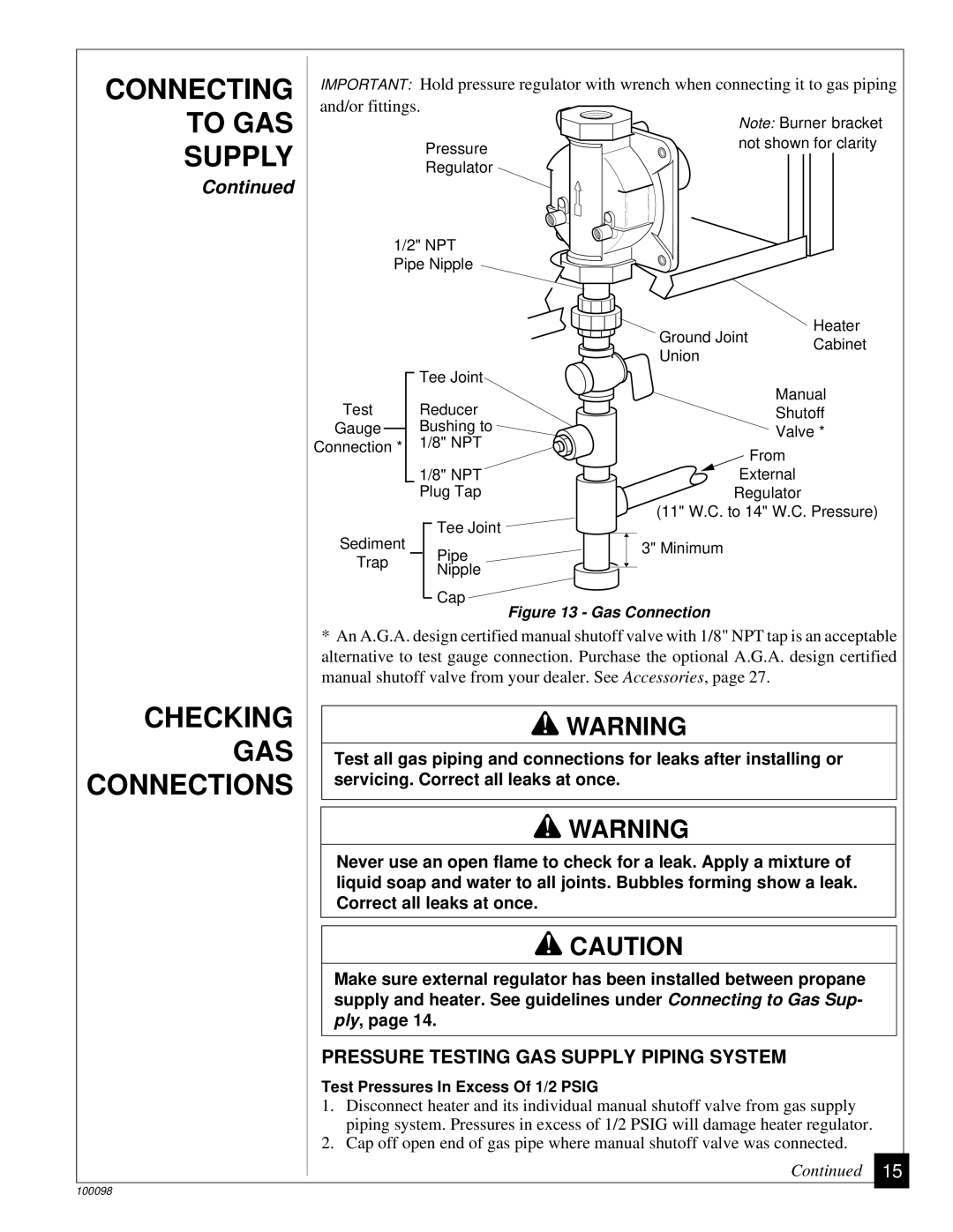 Desa RP30B Checking GAS, Connections, Pressure Testing GAS Supply Piping System, Servicing. Correct all leaks at once 