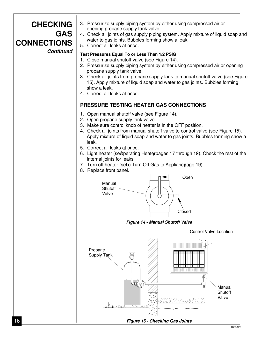 Desa CGP18B, RP30B installation manual Checking, Pressure Testing Heater GAS Connections 