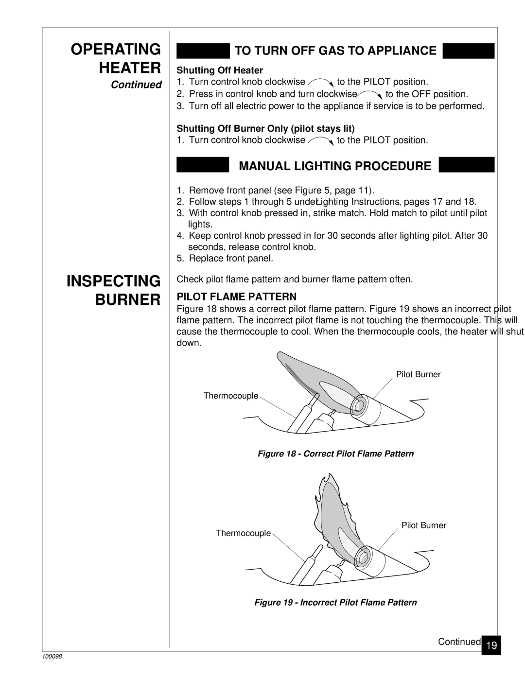 Desa RP30B, CGP18B installation manual Operating, Inspecting, Burner, Pilot Flame Pattern 