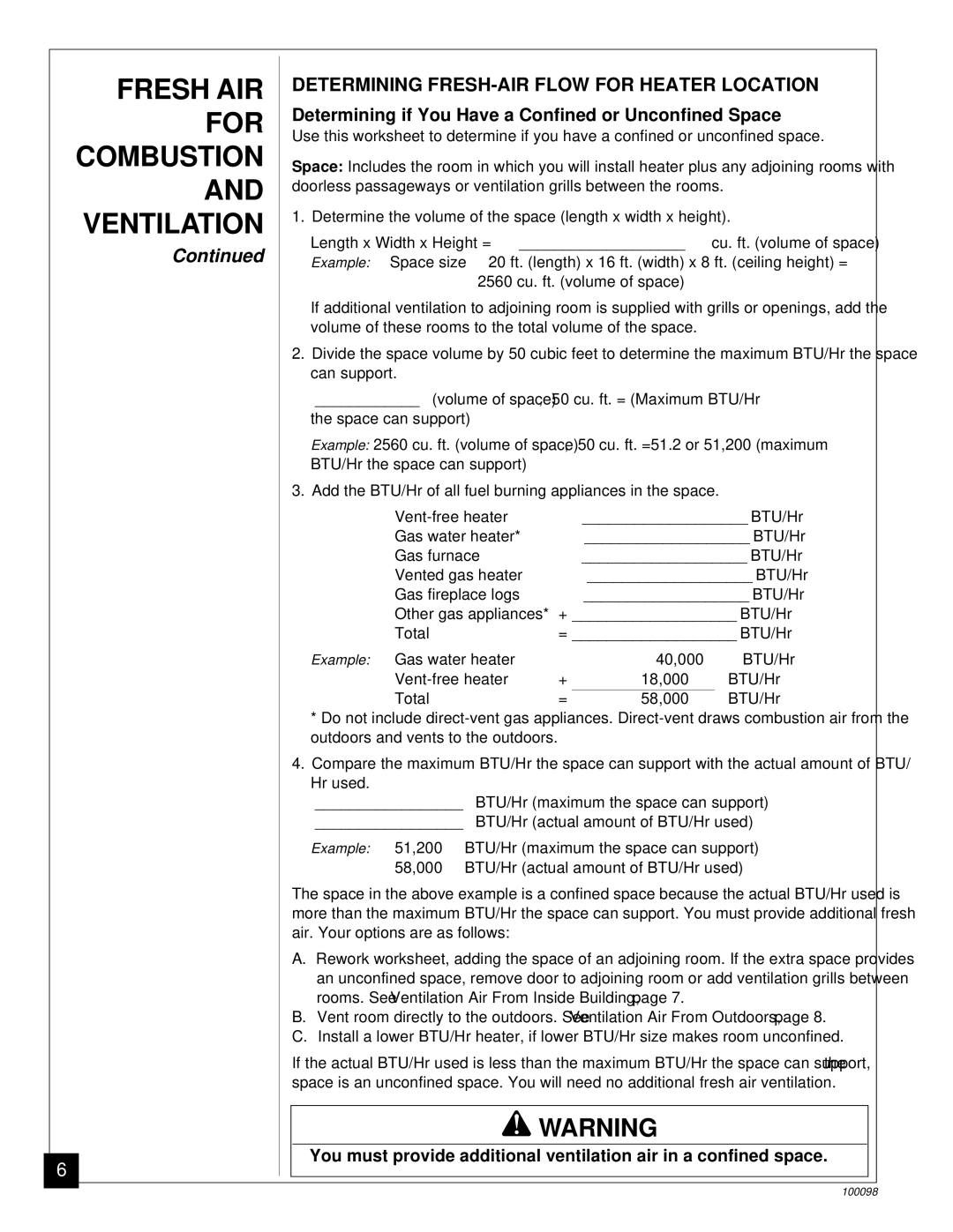 Desa CGP18B, RP30B installation manual Fresh AIR, Determining FRESH-AIR Flow for Heater Location 