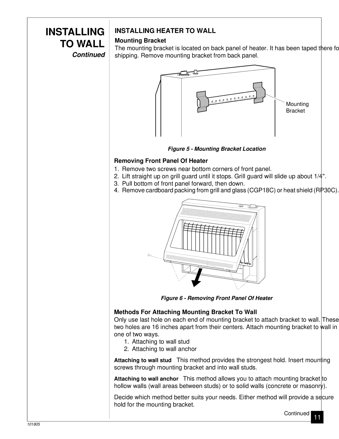 Desa RP30C, CGP18C installation manual Installing Heater to Wall, Mounting Bracket, Removing Front Panel Of Heater 