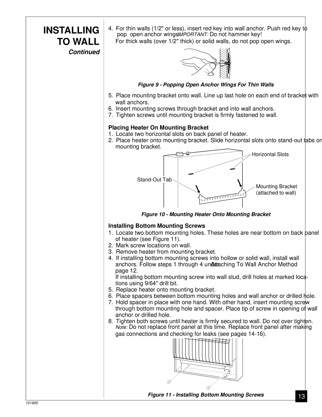 Desa RP30C, CGP18C installation manual Placing Heater On Mounting Bracket, Installing Bottom Mounting Screws 