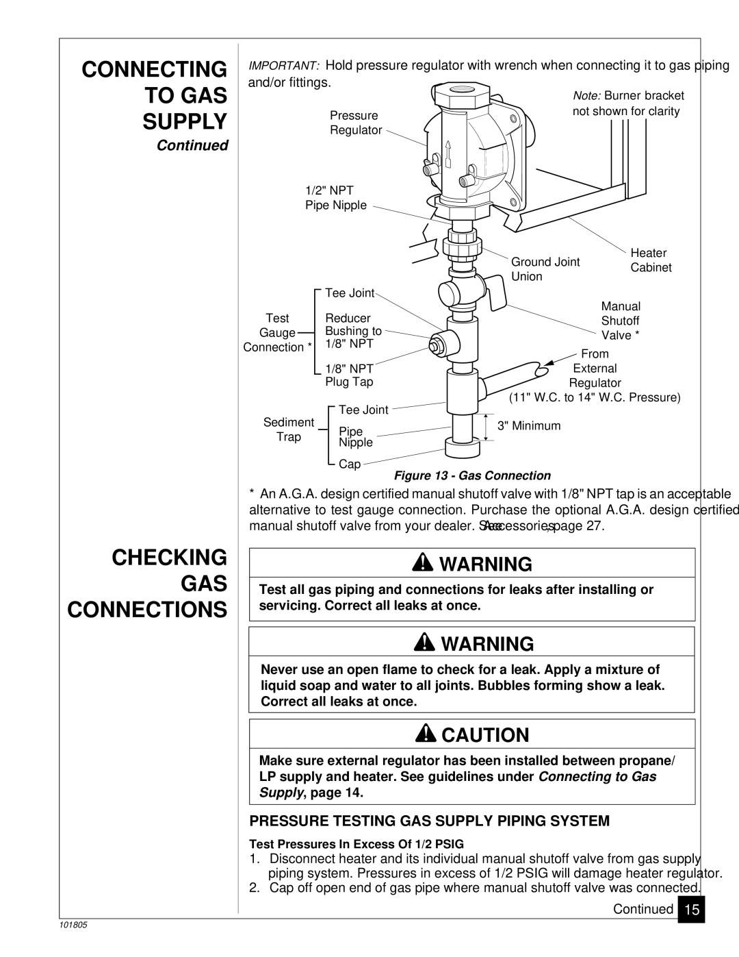 Desa RP30C Checking GAS, Connections, Pressure Testing GAS Supply Piping System, Servicing. Correct all leaks at once 