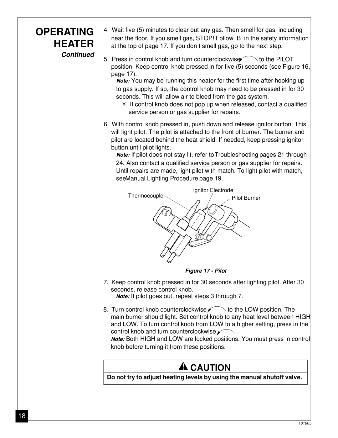 Desa CGP18C, RP30C installation manual Operating Heater, Pilot 