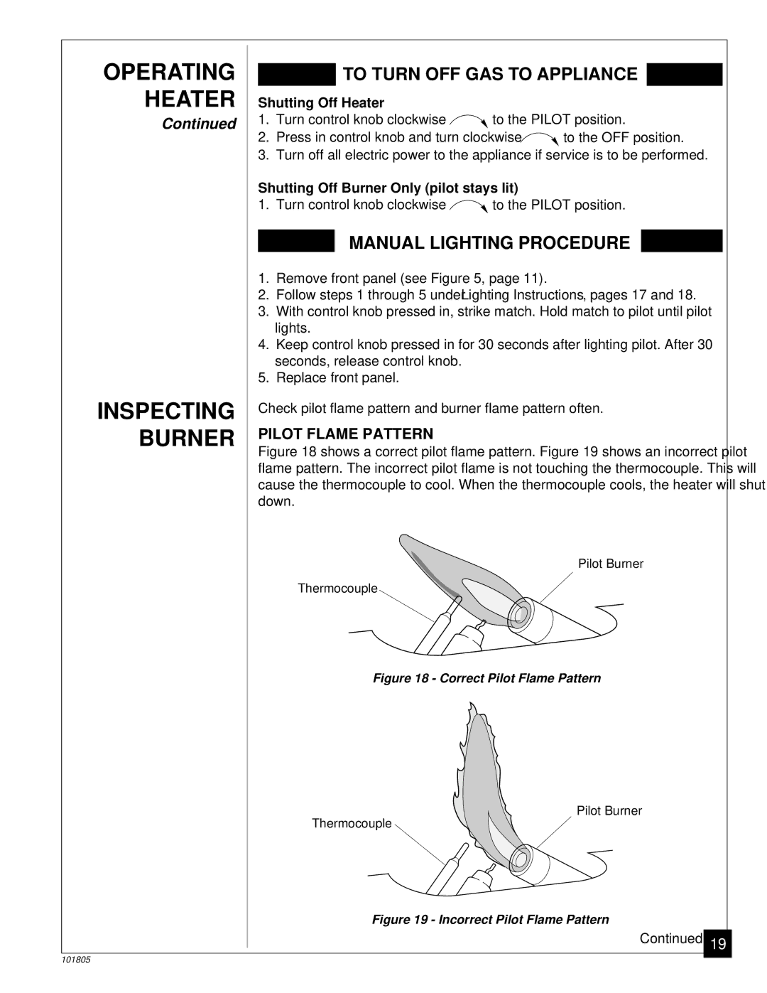 Desa RP30C, CGP18C installation manual Operating, Inspecting, Burner, Pilot Flame Pattern 