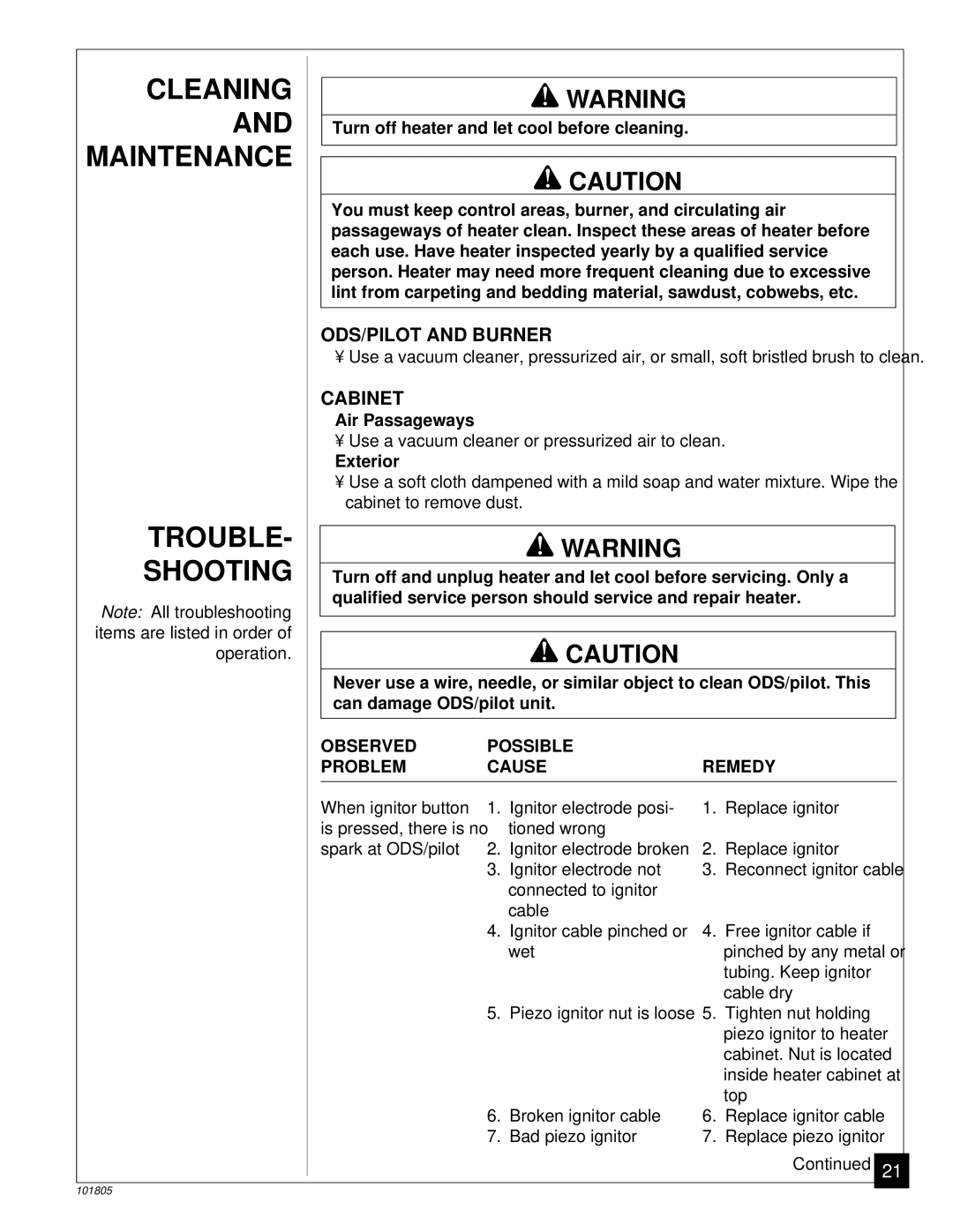 Desa RP30C, CGP18C installation manual Cleaning, Maintenance, Trouble Shooting, ODS/PILOT and Burner, Cabinet 