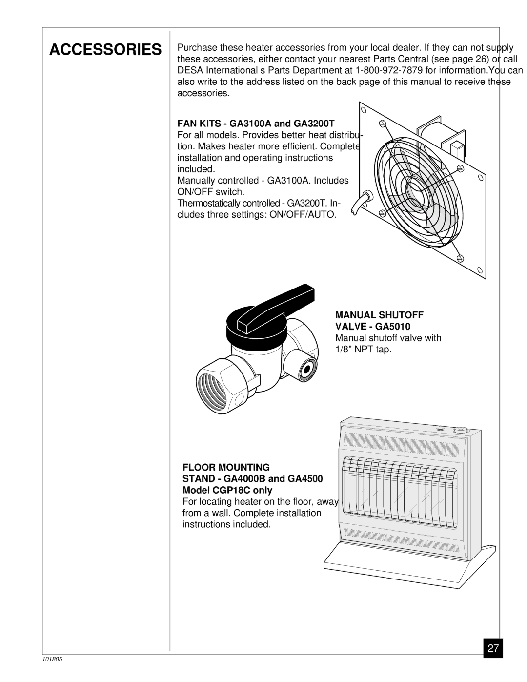 Desa RP30C, CGP18C installation manual Accessories, Manual Shutoff, Floor Mounting 