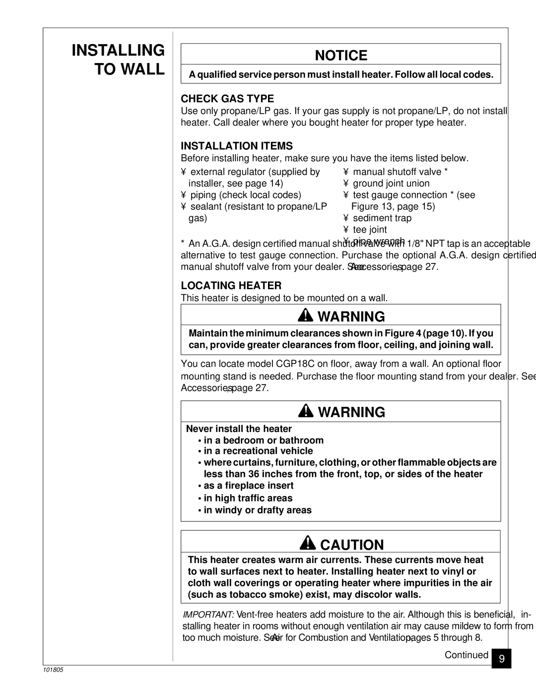 Desa RP30C, CGP18C installation manual Installing To Wall, Check GAS Type, Installation Items, Locating Heater 