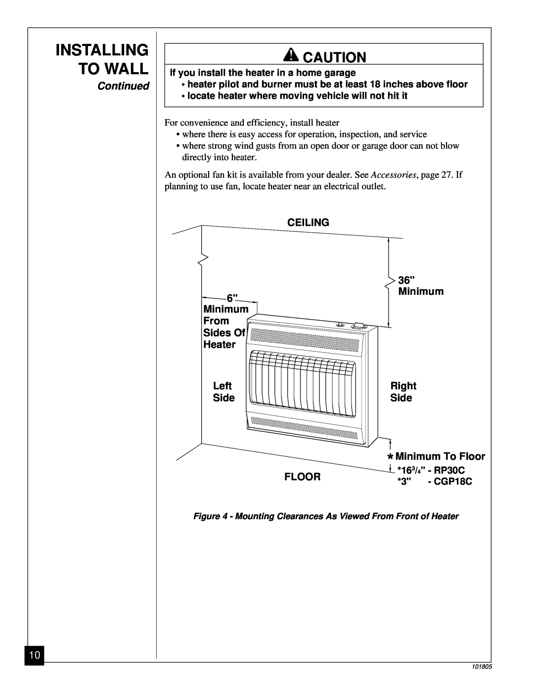 Desa CGP18C installation manual Installing To Wall, Continued, If you install the heater in a home garage, 163/4 - RP30C 