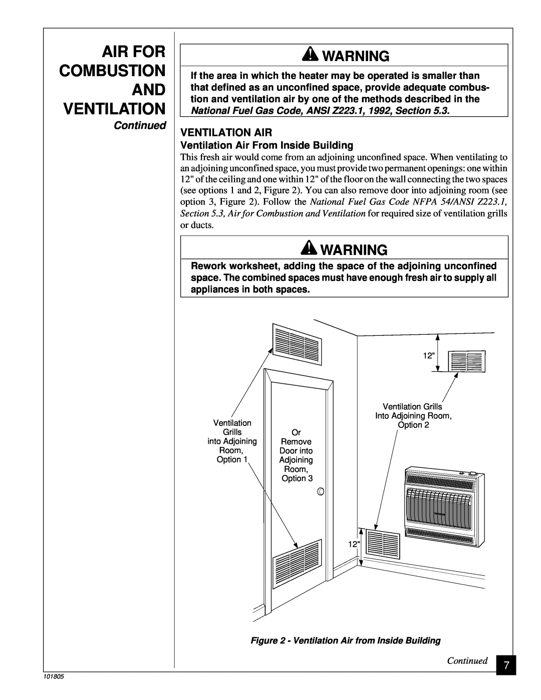 Desa RP30C, CGP18C Air For Combustion And Ventilation, Continued, Ventilation Air From Inside Building 