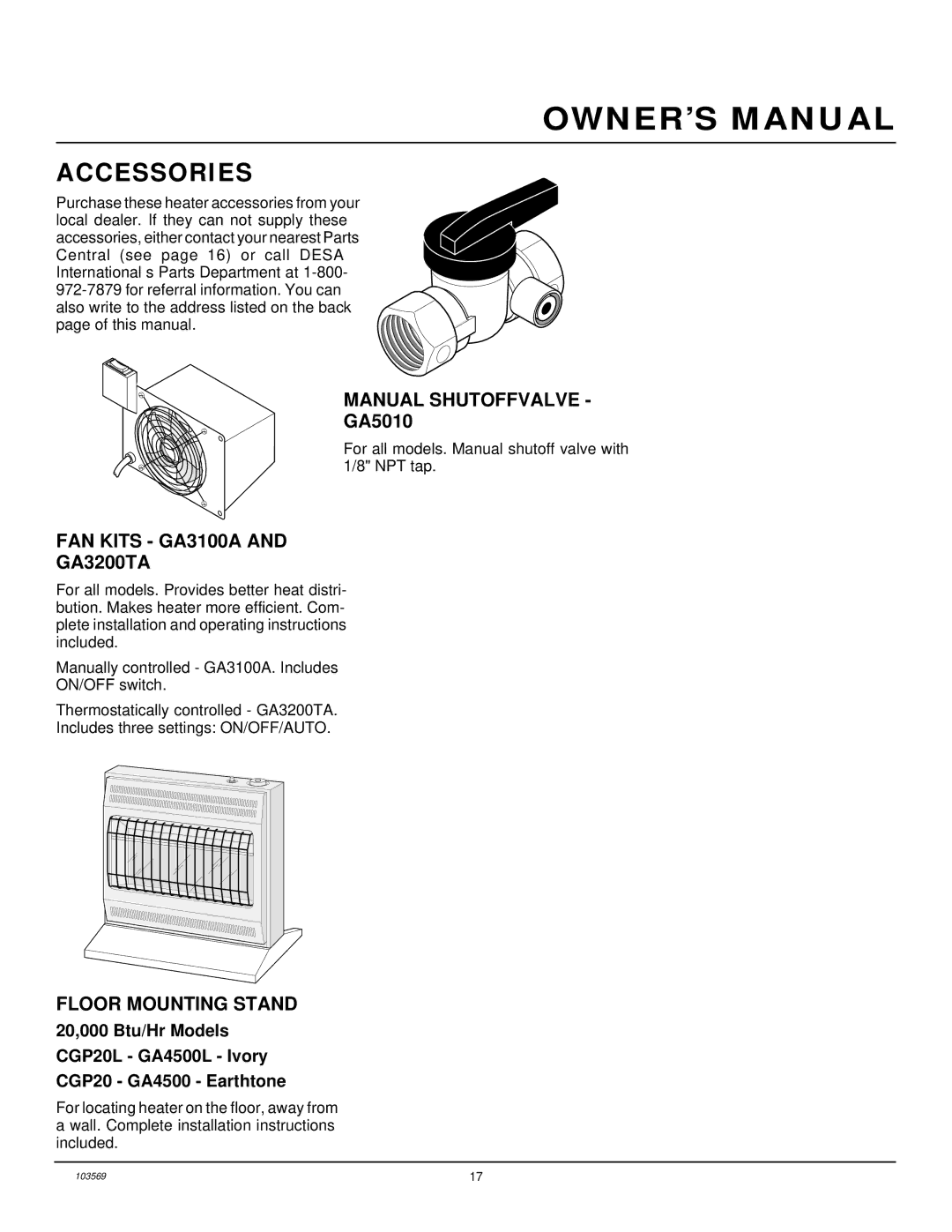 Desa CGP20L, RP30D installation manual Accessories, Manual Shutoffvalve, FAN Kits GA3100A, Floor Mounting Stand 