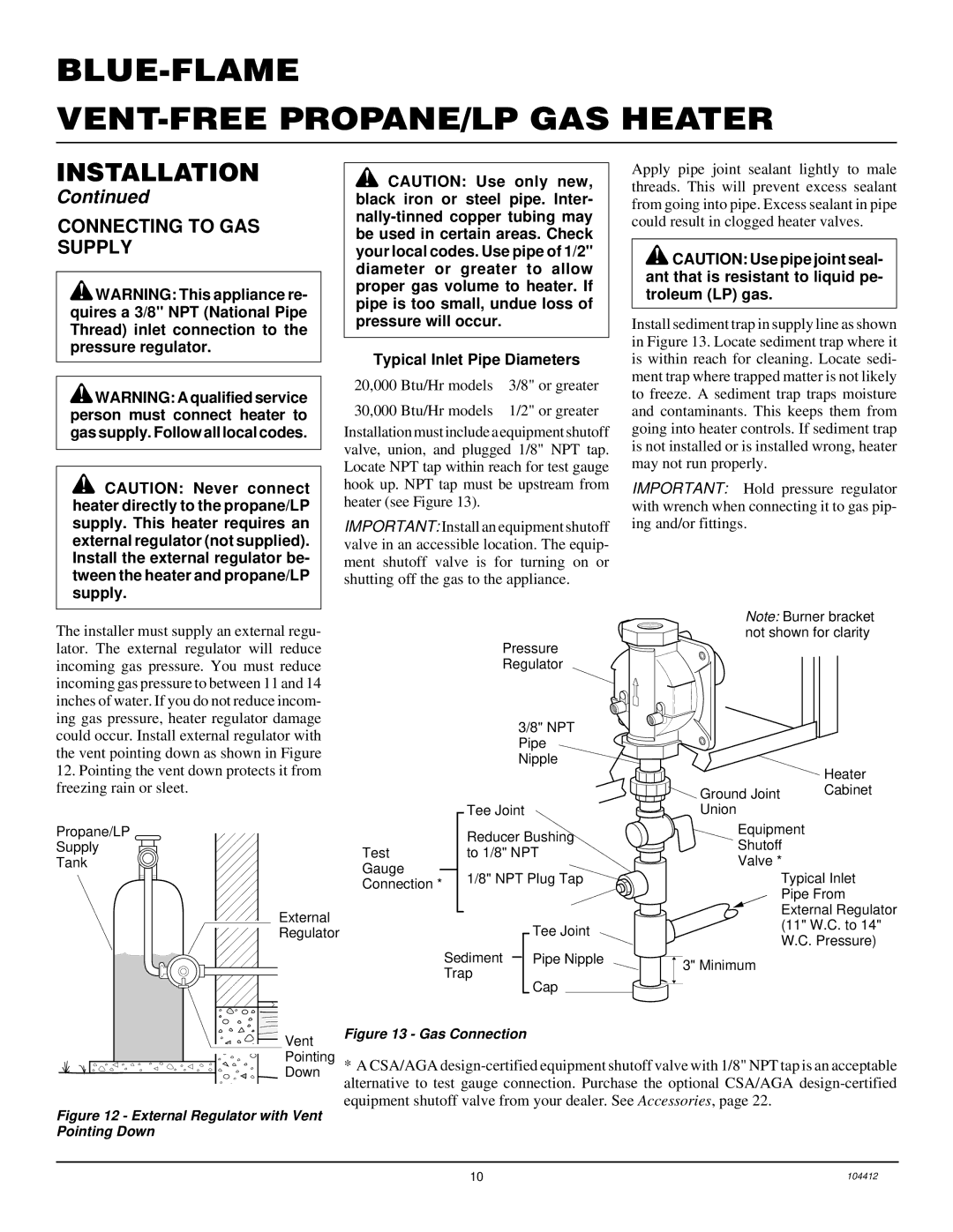 Desa CGP20B, CGP20LB, RP30E installation manual Connecting to GAS Supply, Typical Inlet Pipe Diameters 