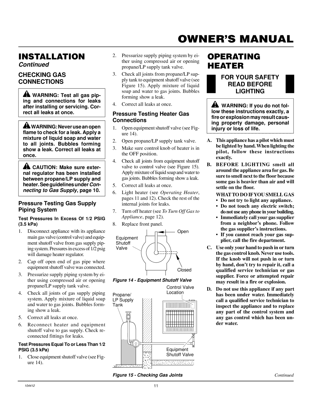 Desa RP30E, CGP20LB, CGP20B Operating Heater, Checking GAS Connections, For Your Safety Read Before Lighting 