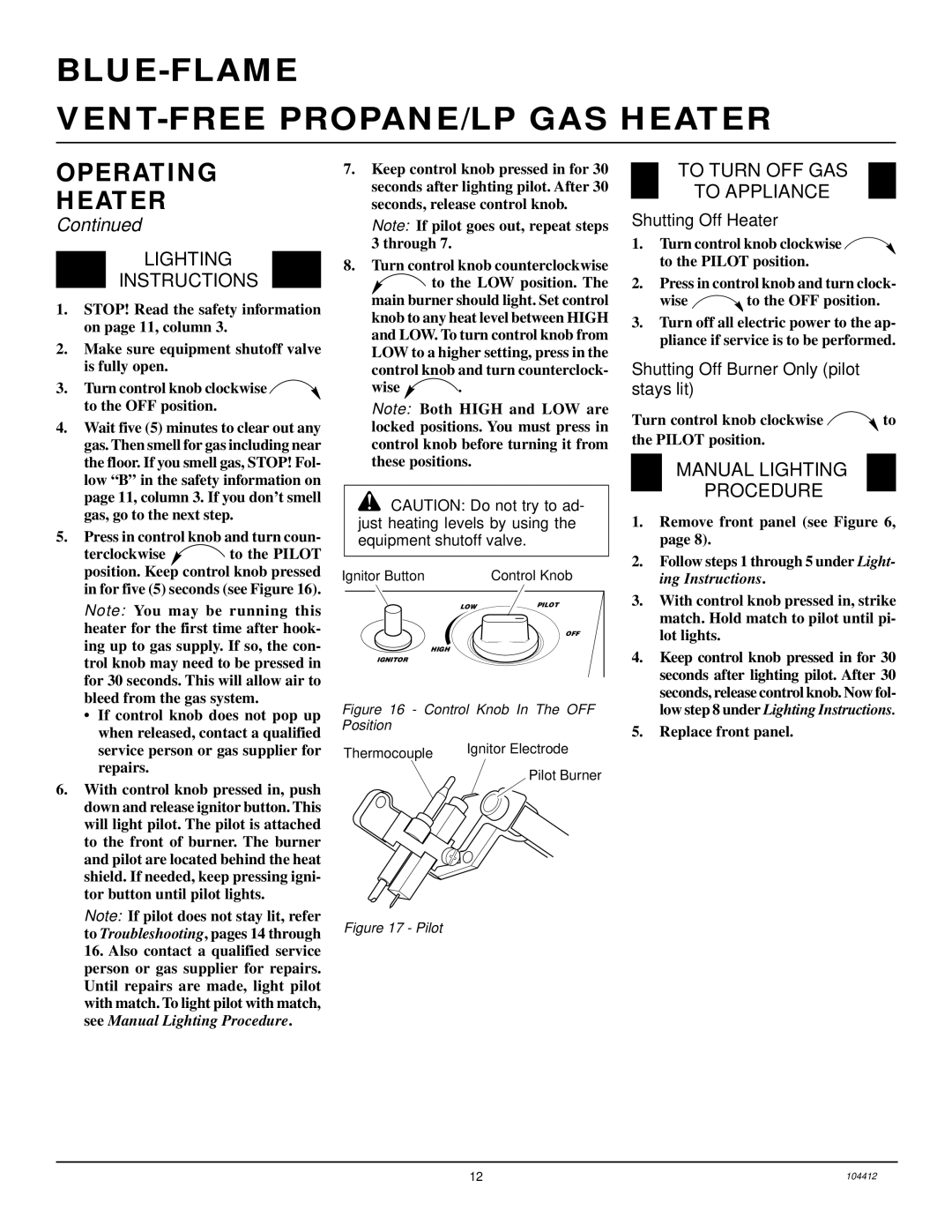 Desa CGP20LB, CGP20B Lighting Instructions, To Turn OFF GAS To Appliance, Manual Lighting Procedure, Shutting Off Heater 