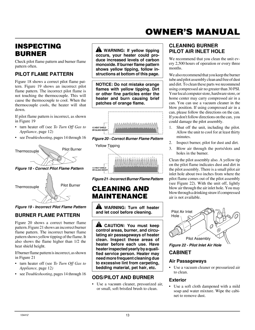 Desa CGP20B, CGP20LB, RP30E installation manual Inspecting Burner, Cleaning and Maintenance 