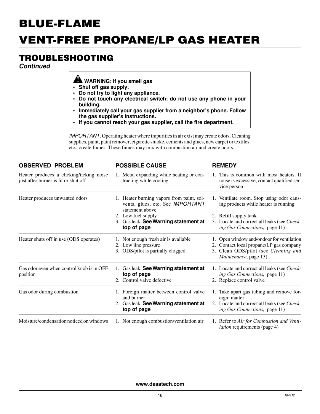 Desa CGP20B, CGP20LB, RP30E installation manual Gas leak. See Warning statement at 