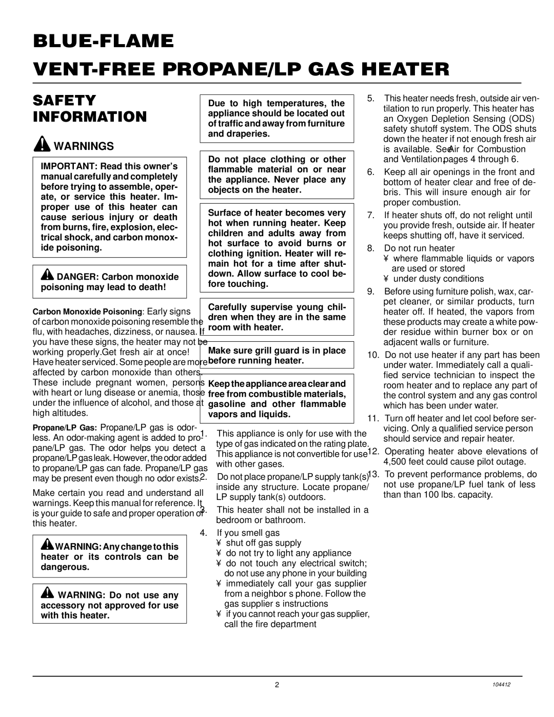 Desa RP30E, CGP20LB, CGP20B installation manual BLUE-FLAME VENT-FREE PROPANE/LP GAS Heater, Safety Information 