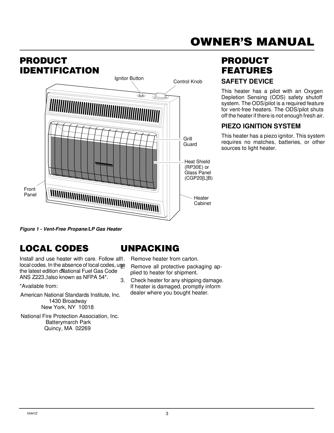 Desa CGP20LB, CGP20B, RP30E installation manual Product Identification, Product Features, Local Codes, Unpacking 