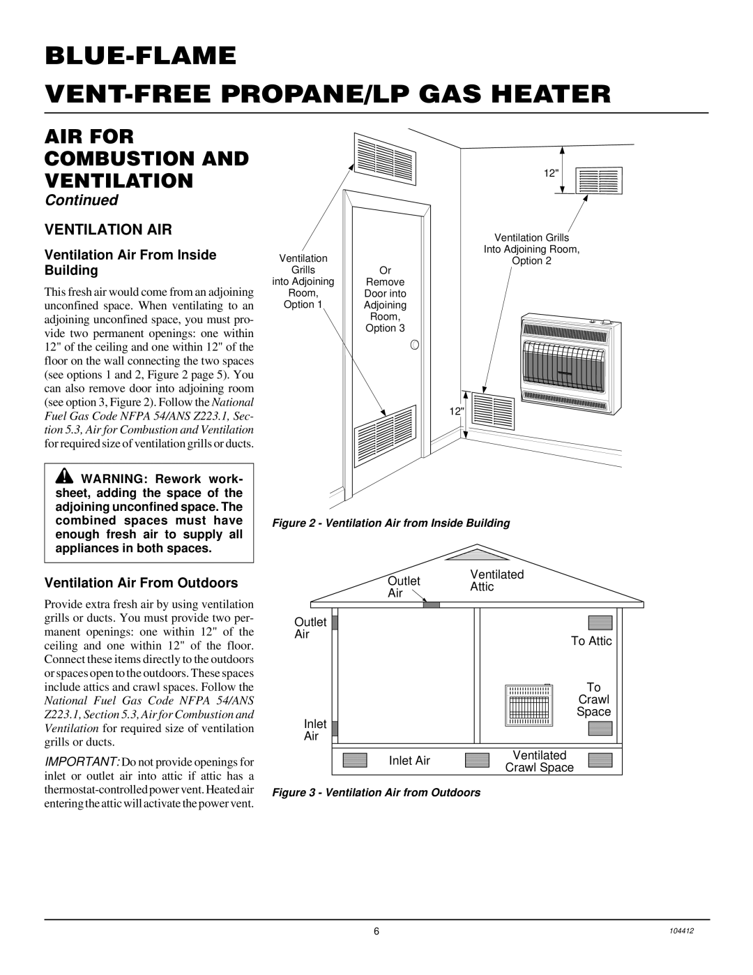 Desa CGP20LB, CGP20B, RP30E Ventilation AIR, Ventilation Air From Inside Building, Ventilation Air From Outdoors 