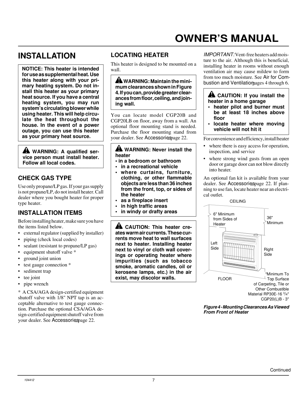 Desa CGP20B, CGP20LB, RP30E installation manual Check GAS Type, Installation Items, Locating Heater 