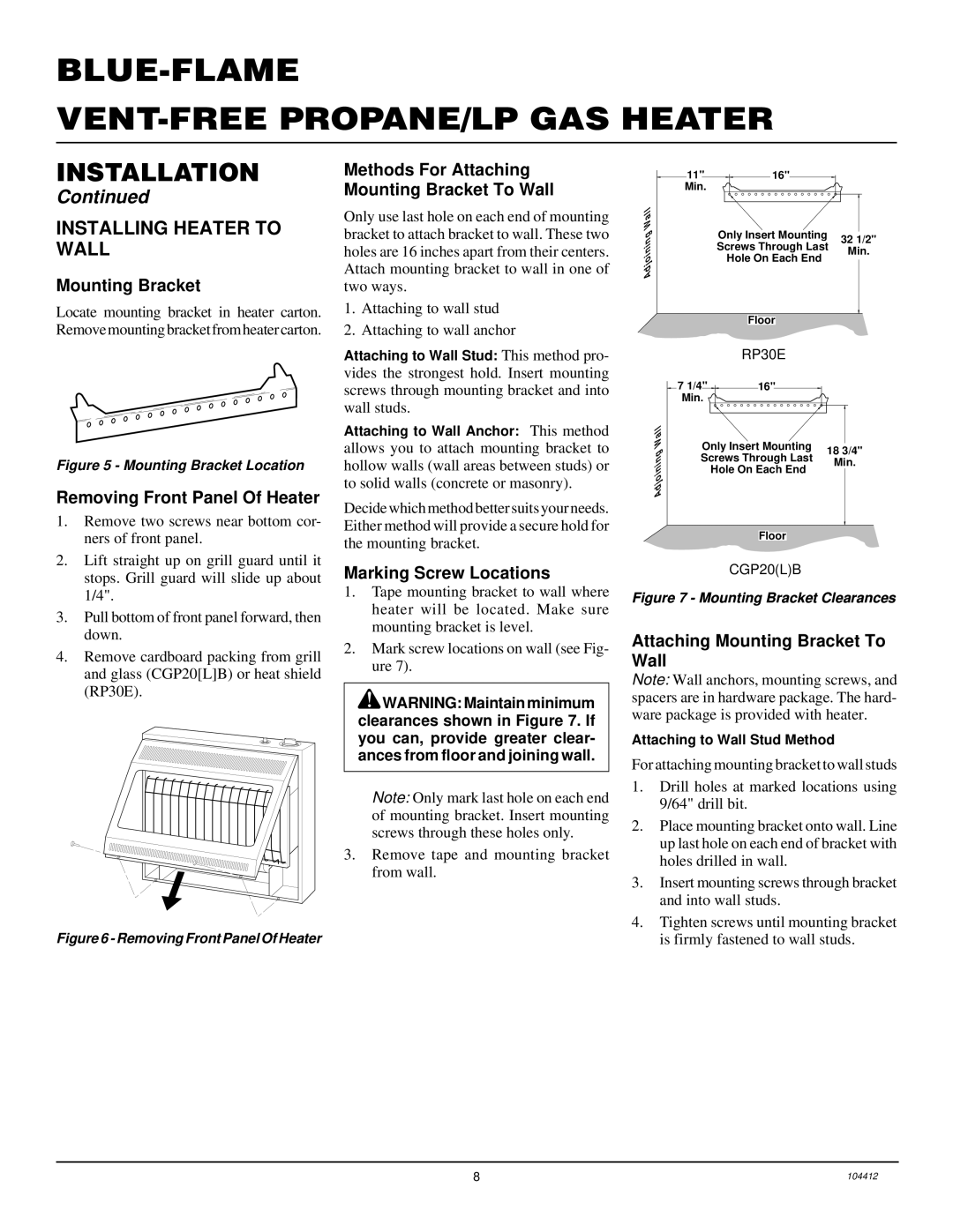 Desa RP30E, CGP20LB, CGP20B installation manual Installing Heater to Wall 