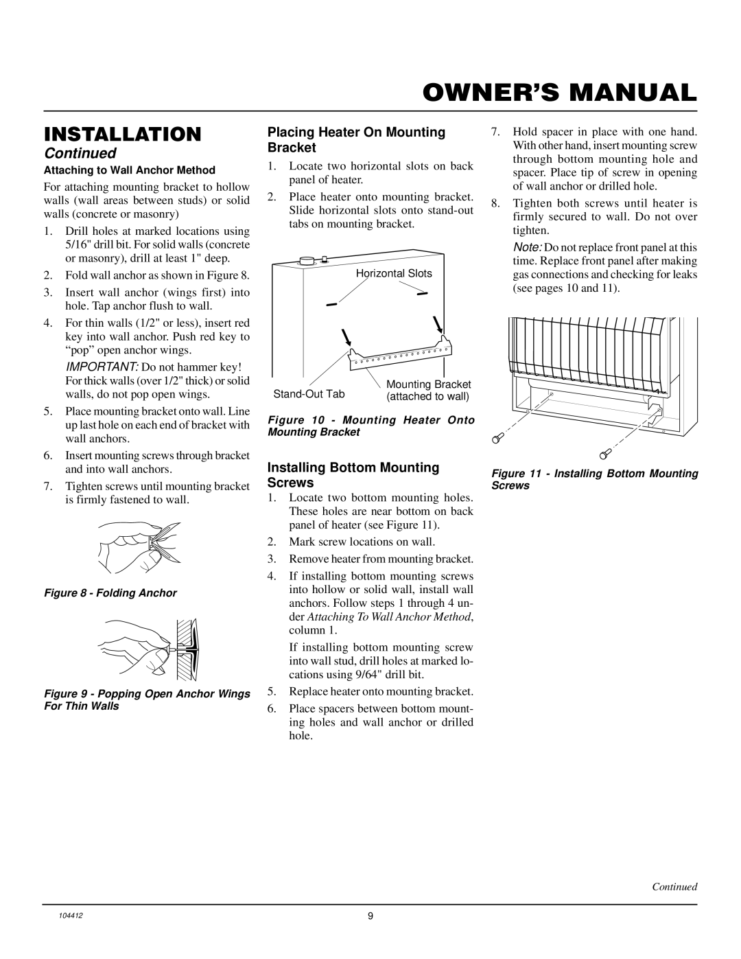 Desa CGP20LB, CGP20B, RP30E installation manual Placing Heater On Mounting Bracket, Installing Bottom Mounting Screws 