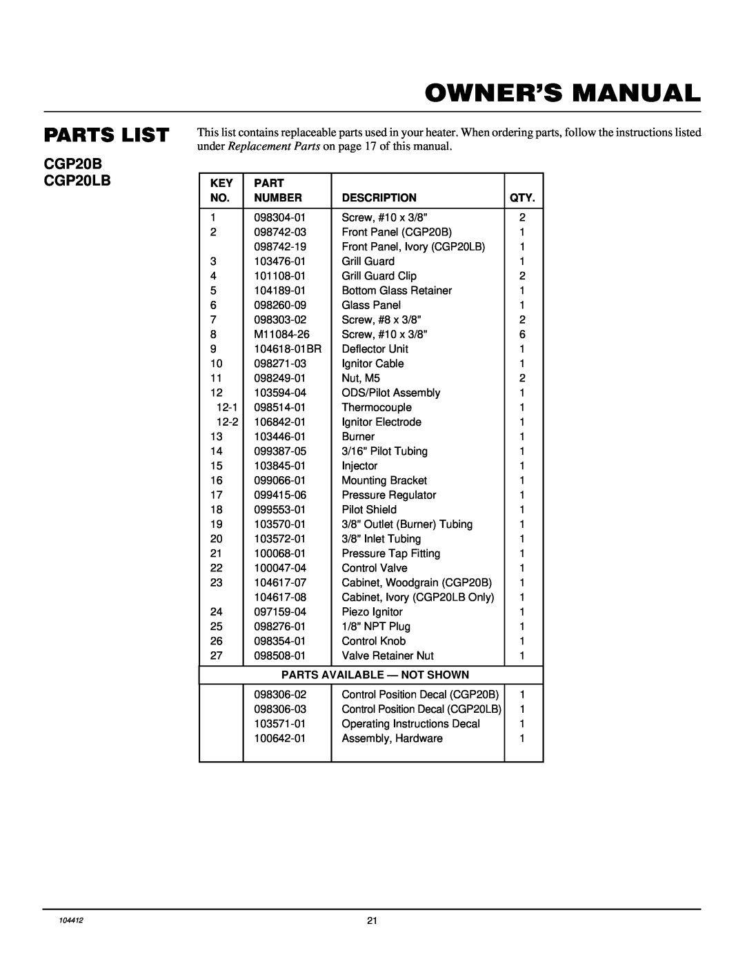 Desa CGP20LB, CGP20B, RP30E installation manual Parts List, 098304-01 