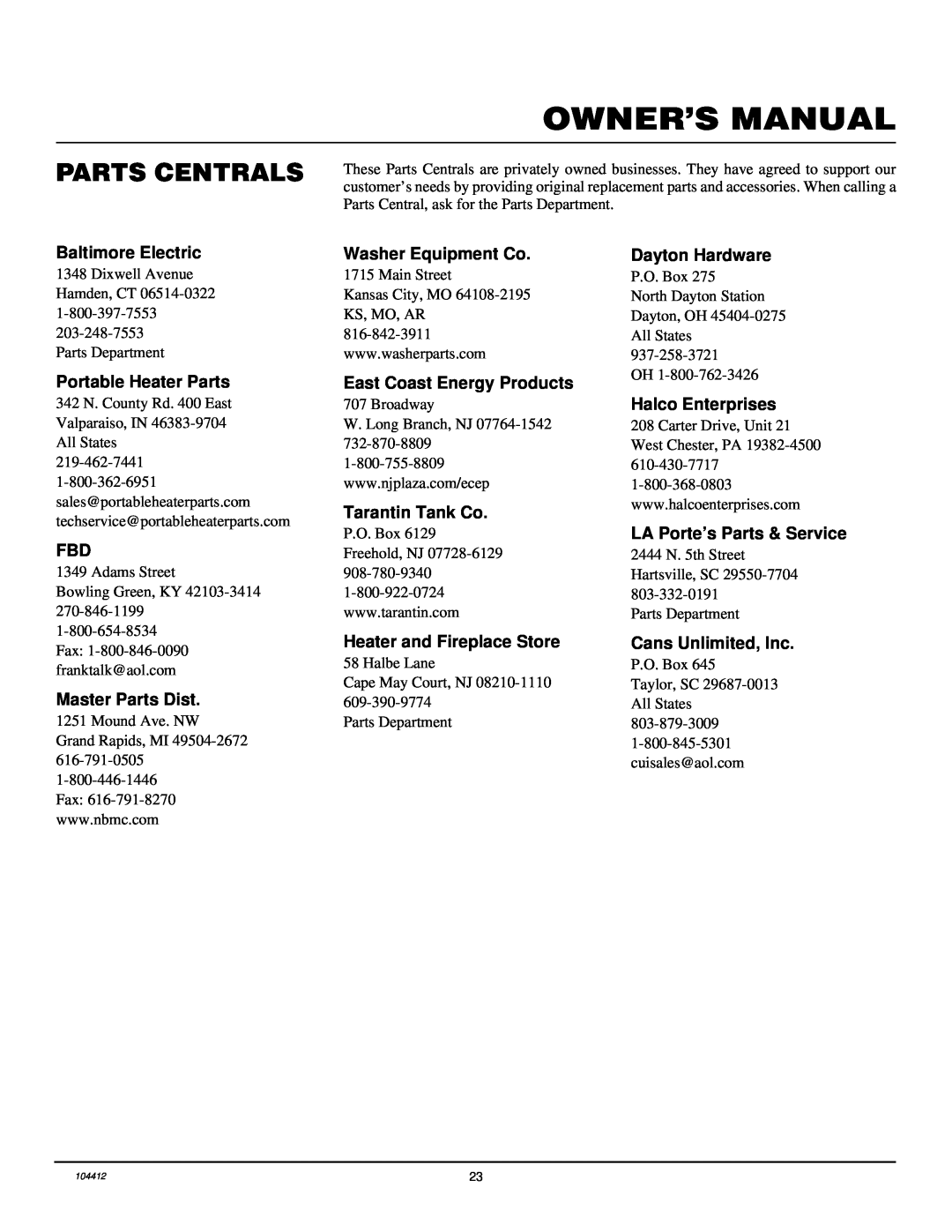 Desa RP30E, CGP20LB Parts Centrals, Baltimore Electric, Portable Heater Parts, Master Parts Dist, Washer Equipment Co 