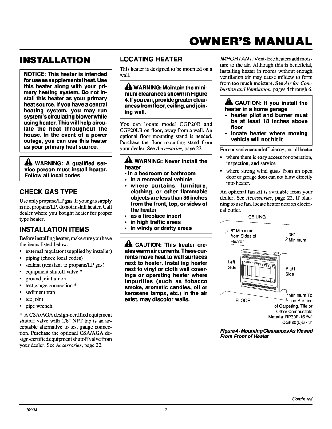 Desa CGP20B, CGP20LB, RP30E installation manual Check Gas Type, Installation Items, Locating Heater 