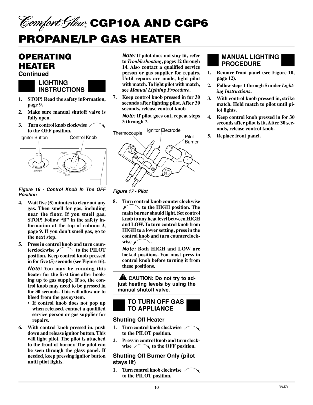 Desa CGP6, CGP10A Lighting Instructions, Manual Lighting Procedure, To Turn OFF GAS To Appliance, Shutting Off Heater 