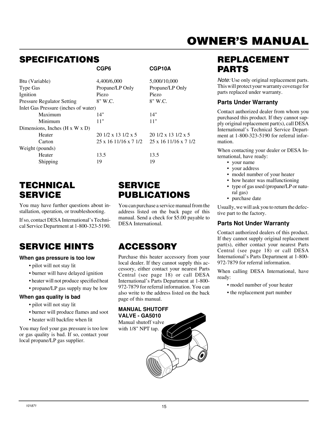 Desa CGP10A, CGP6 Specifications, Replacement Parts, Technical Service, Service Publications, Service Hints, Accessory 