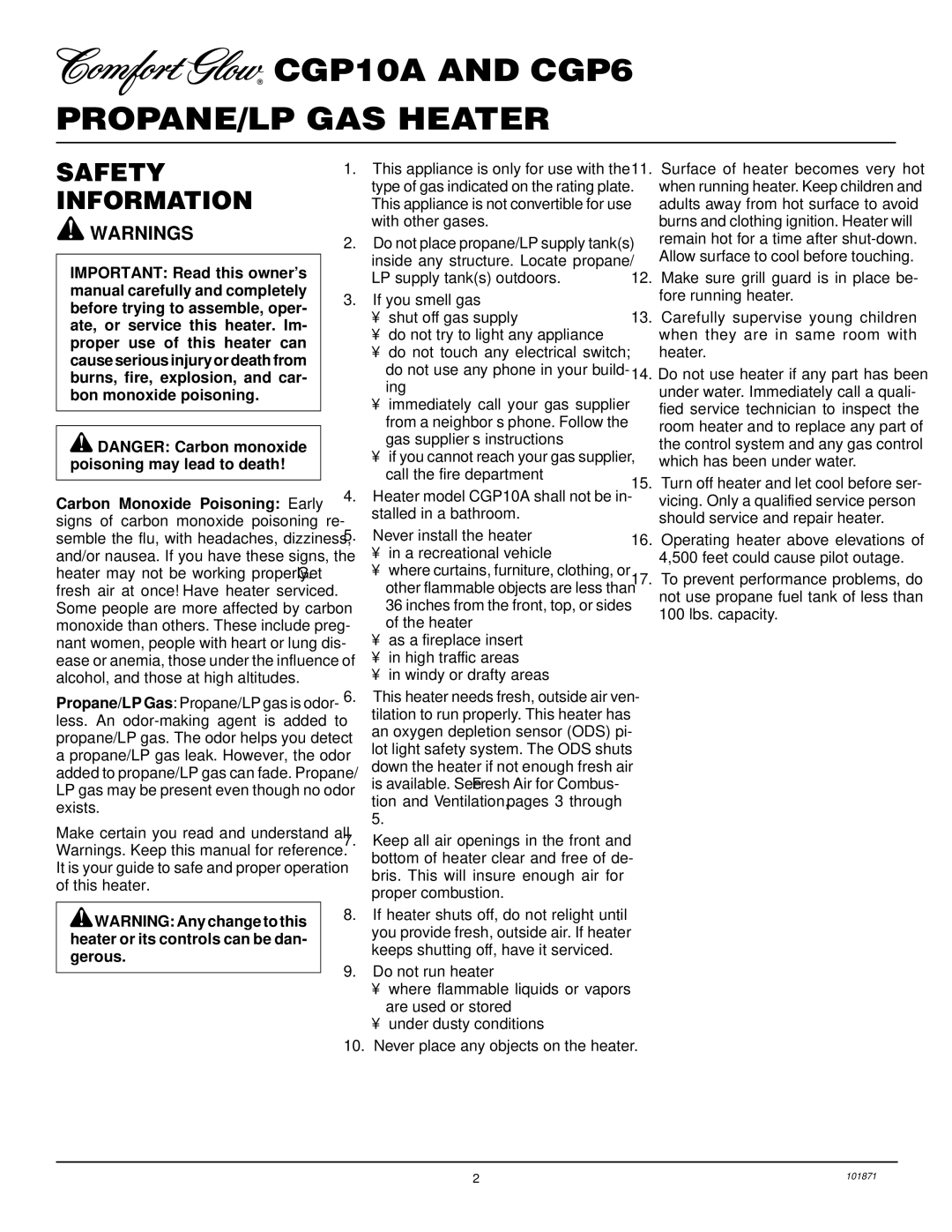 Desa installation manual CGP10A and CGP6 PROPANE/LP GAS Heater, Safety Information 