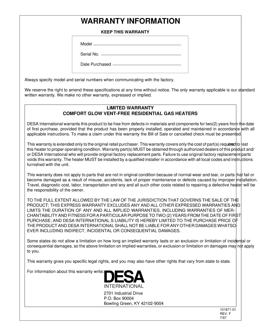 Desa CGP6, CGP10A installation manual Warranty Information, Keep this Warranty 